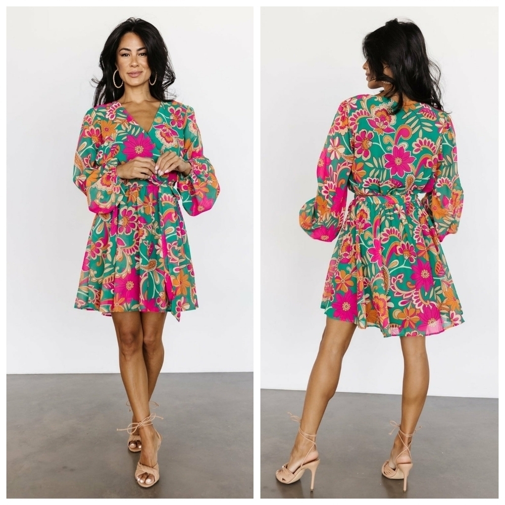 Baltic Born Green Floral Mini Dress with Pink & Orange Blooms